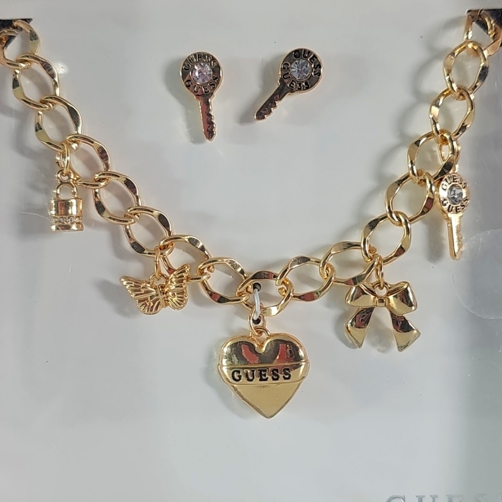 Guess Gold Tone Key Charm Necklace & Earrings Gift Set 18" +2" NIB Bow Lock N7